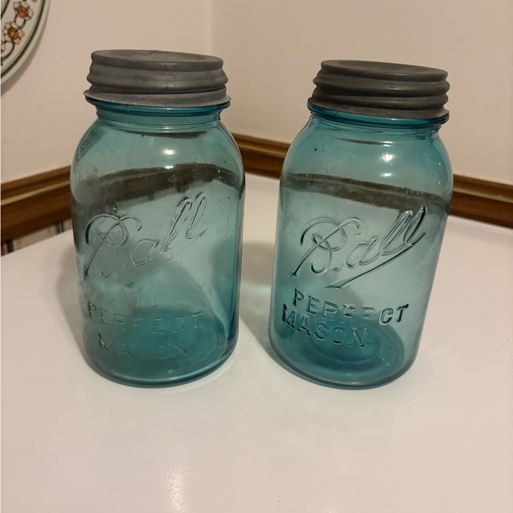 2 Antique Blue Ball Mason Jars